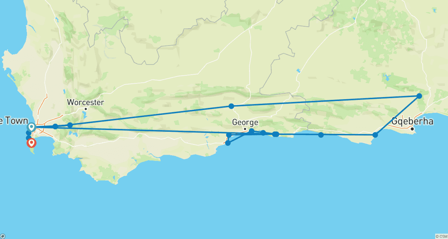 Mapa do percurso de Pacote de 7 dias: Rota Jardim, Cape Point e Região Vinícola do Cabo