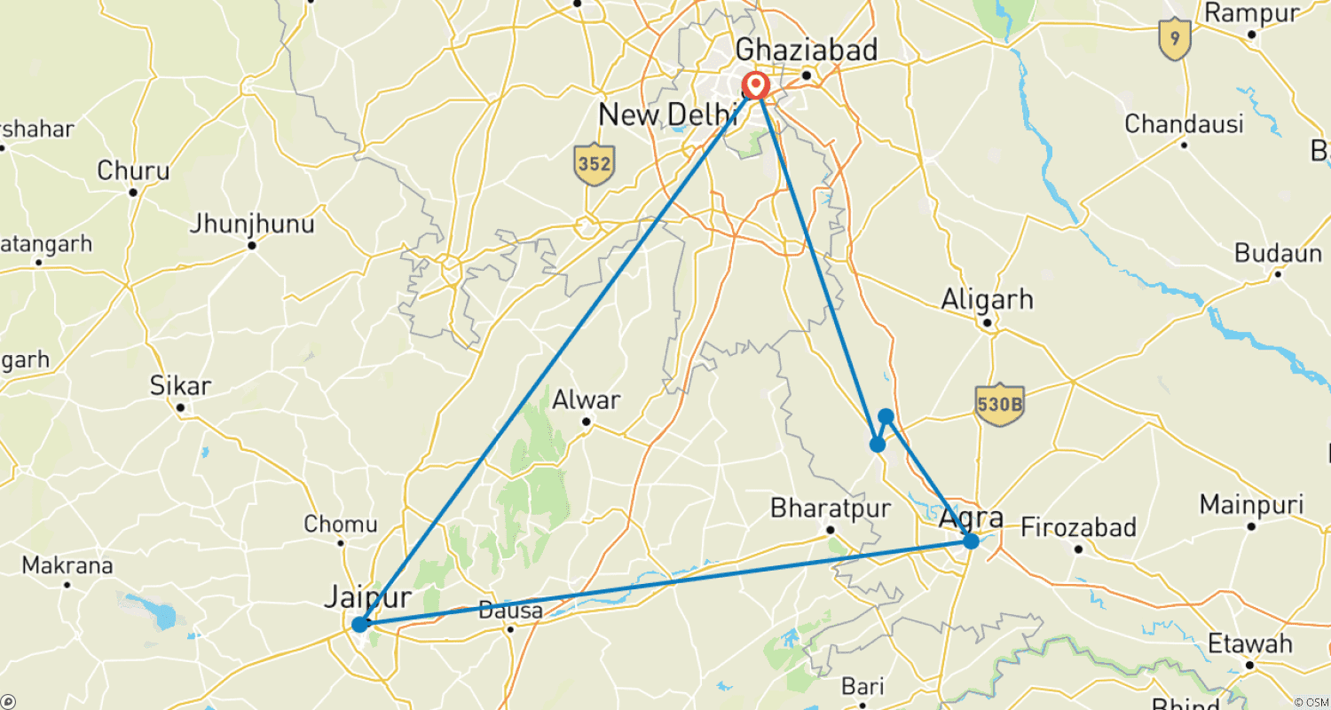 خريطة مسار احتفال هولي في Mathura وGolden Triangle (19 - 27 March 2027) - انطلاق ثابت