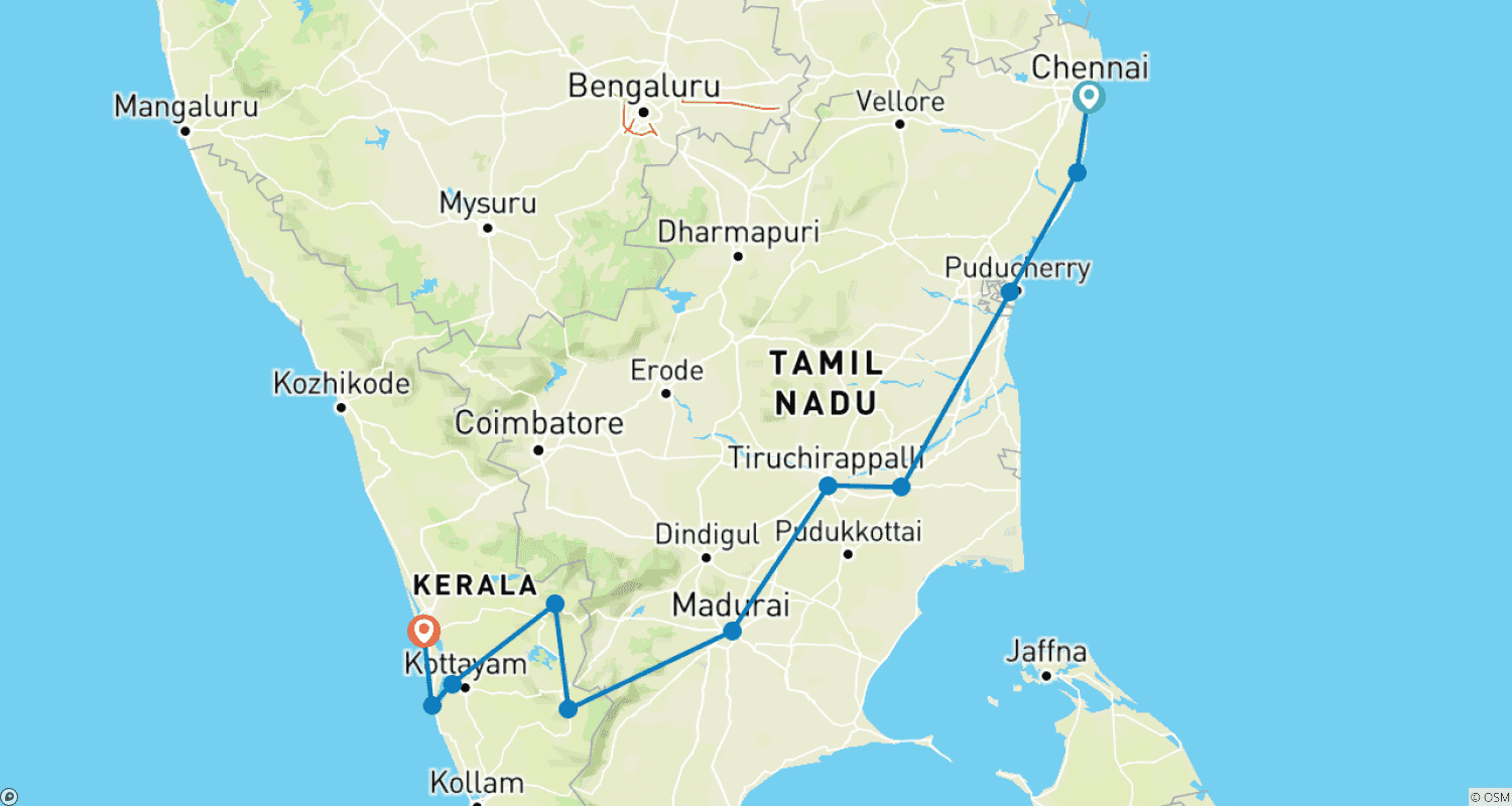Mapa do percurso de Tamil Nadu Espiritual com Kerala Encantadora