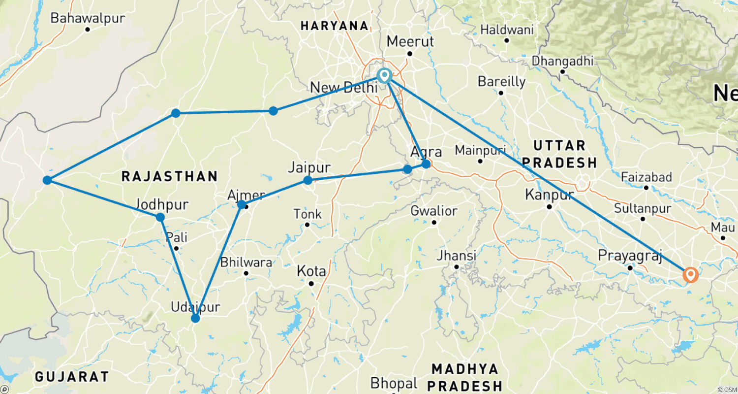 Mapa do percurso de Tesouros do Rajastão com Varanasi