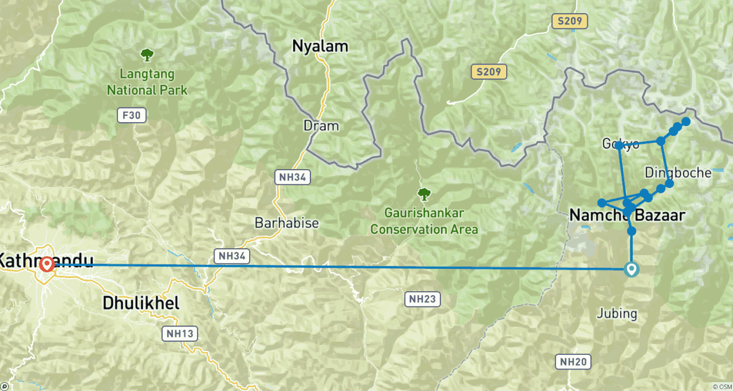 Mapa do percurso de Caminhada de 19 dias pelos Três Passos com uma visita ao Acampamento Base do Everest
