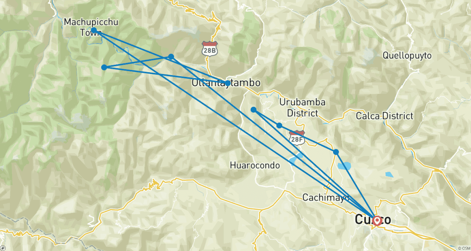 Mapa do percurso de Caminhada pela Clássica Trilha Inca até Machu Picchu e o Vale Sagrado