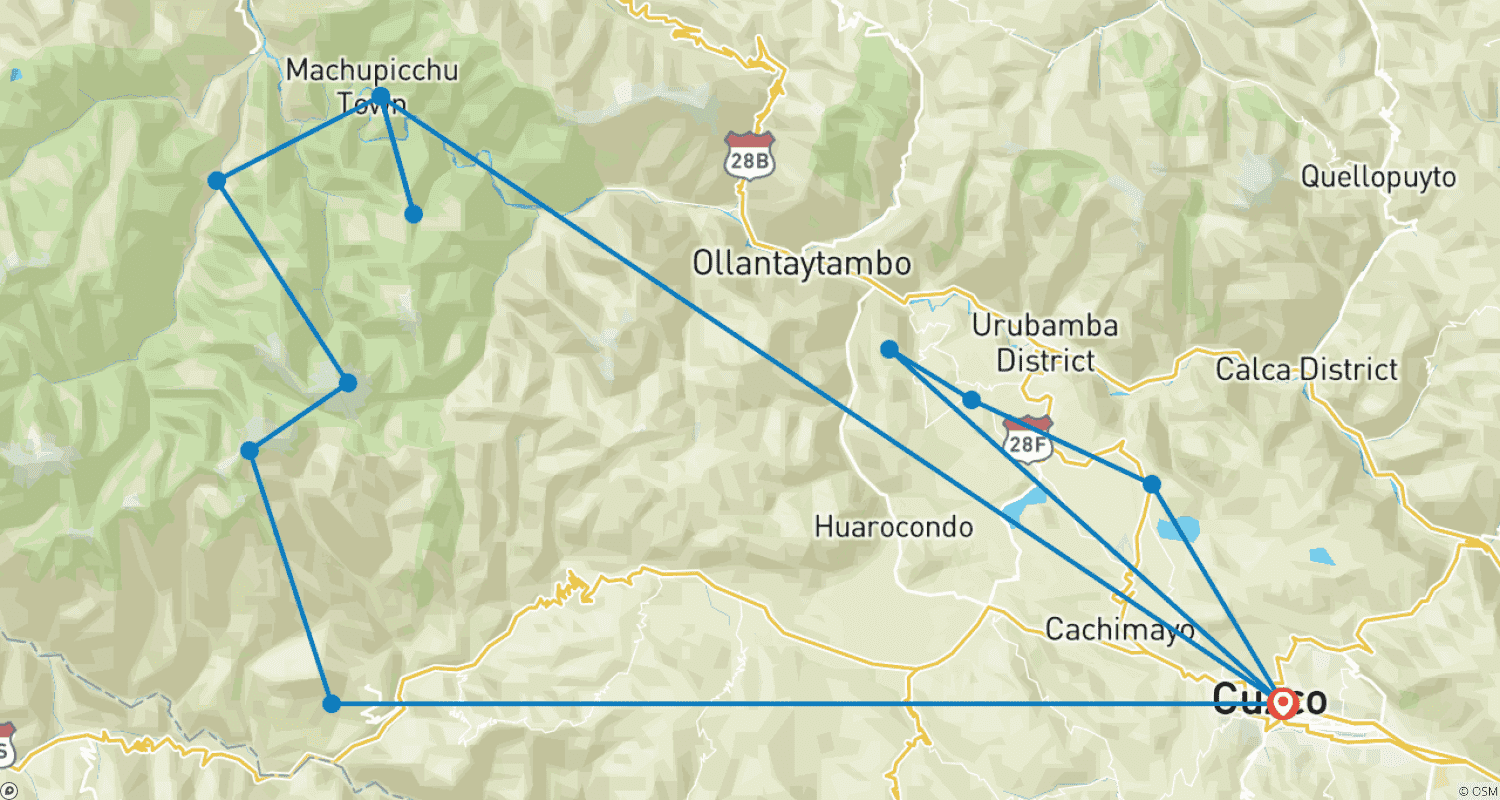Mapa do percurso de Cusco e Trekking Salkantay para Machu Picchu