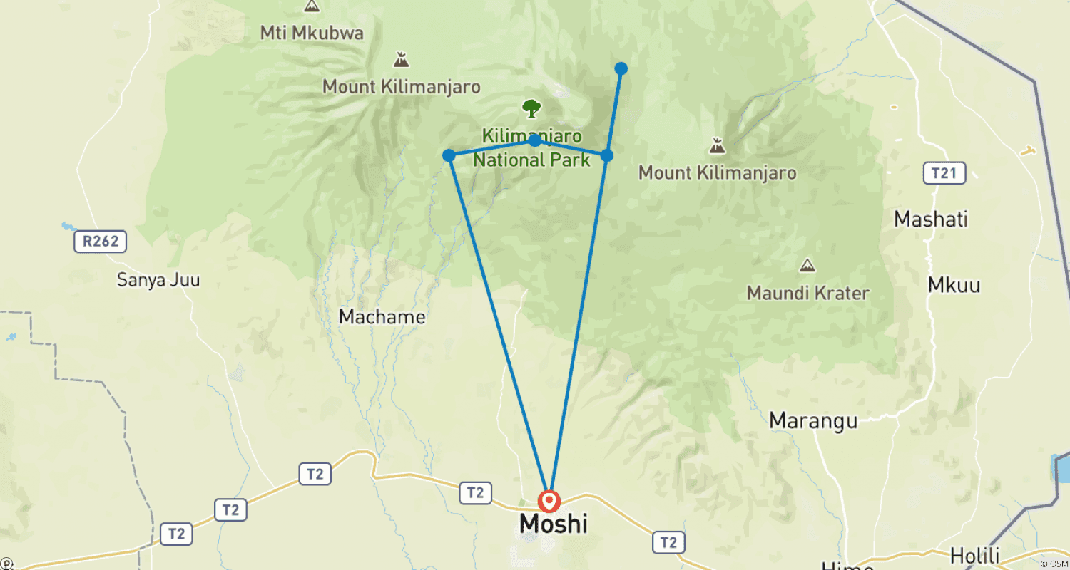 Mapa do percurso de Monte Kilimanjaro Rota Machame