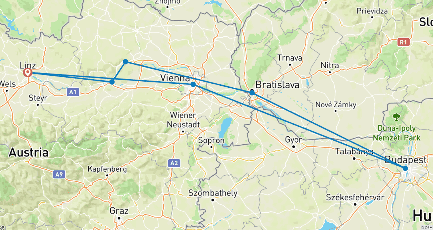 Mapa do percurso de As pérolas do Danúbio (cruzeiro de porto a porto)