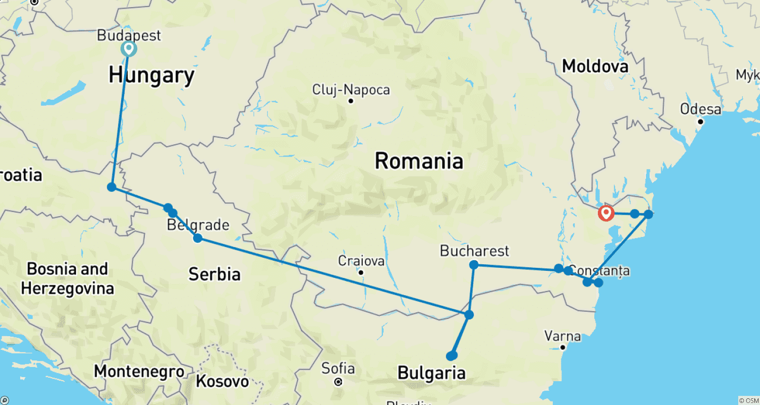 Mapa do percurso de Ao longo do rio Danúbio, Budapeste, a península Balcânica e o delta do Danúbio (cruzeiro de porto a porto)