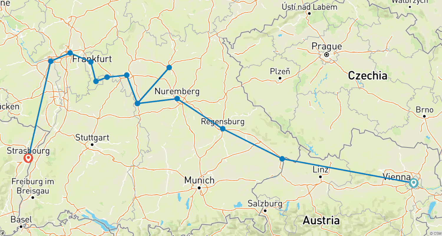 Mapa trasy: Wzdłuż Dunaju i Renu - Szlakiem Romantycznym (rejs z portu do portu)