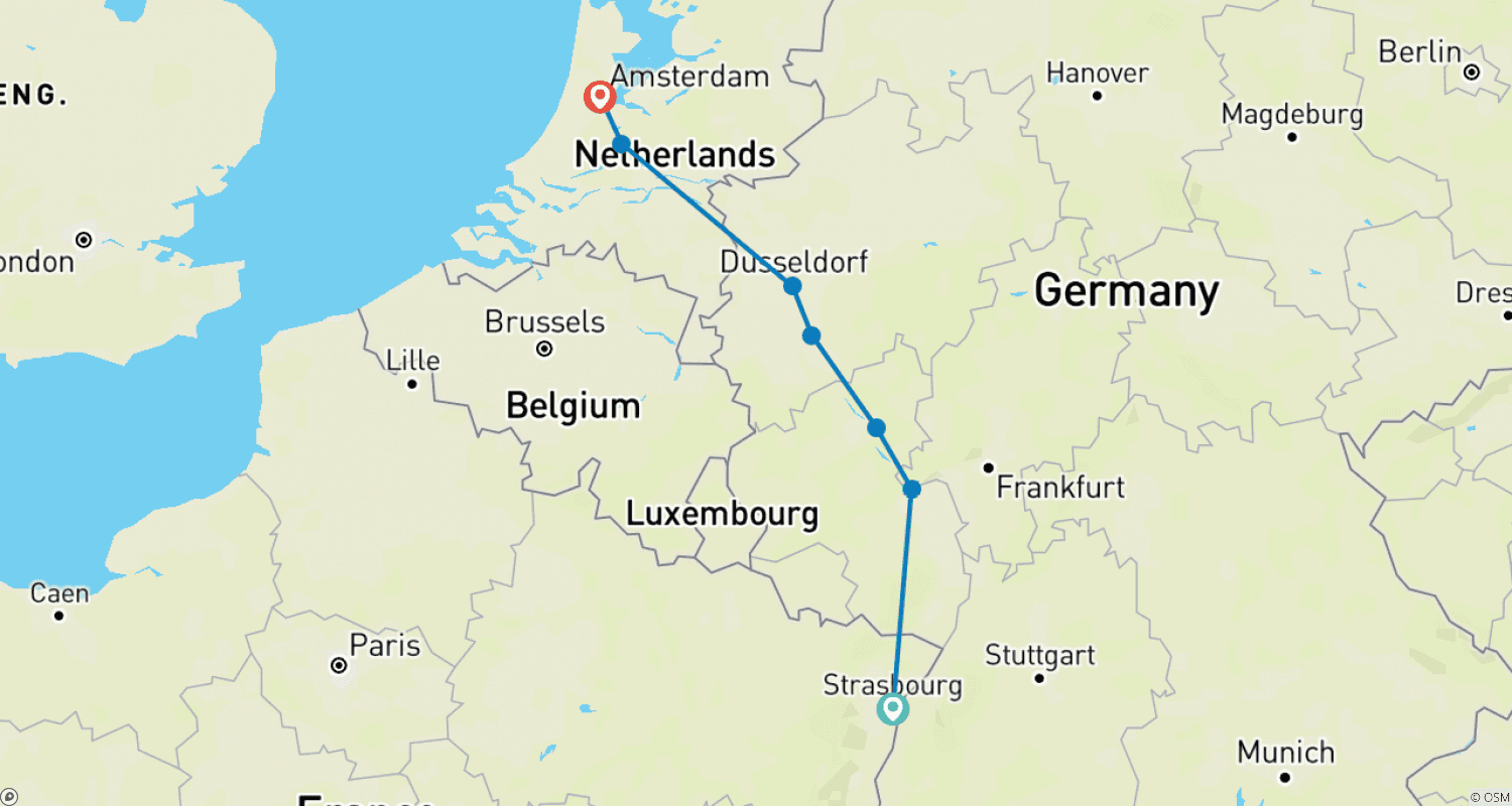 Mapa do percurso de O Vale Romântico do Reno e a Holanda (7 destinos)