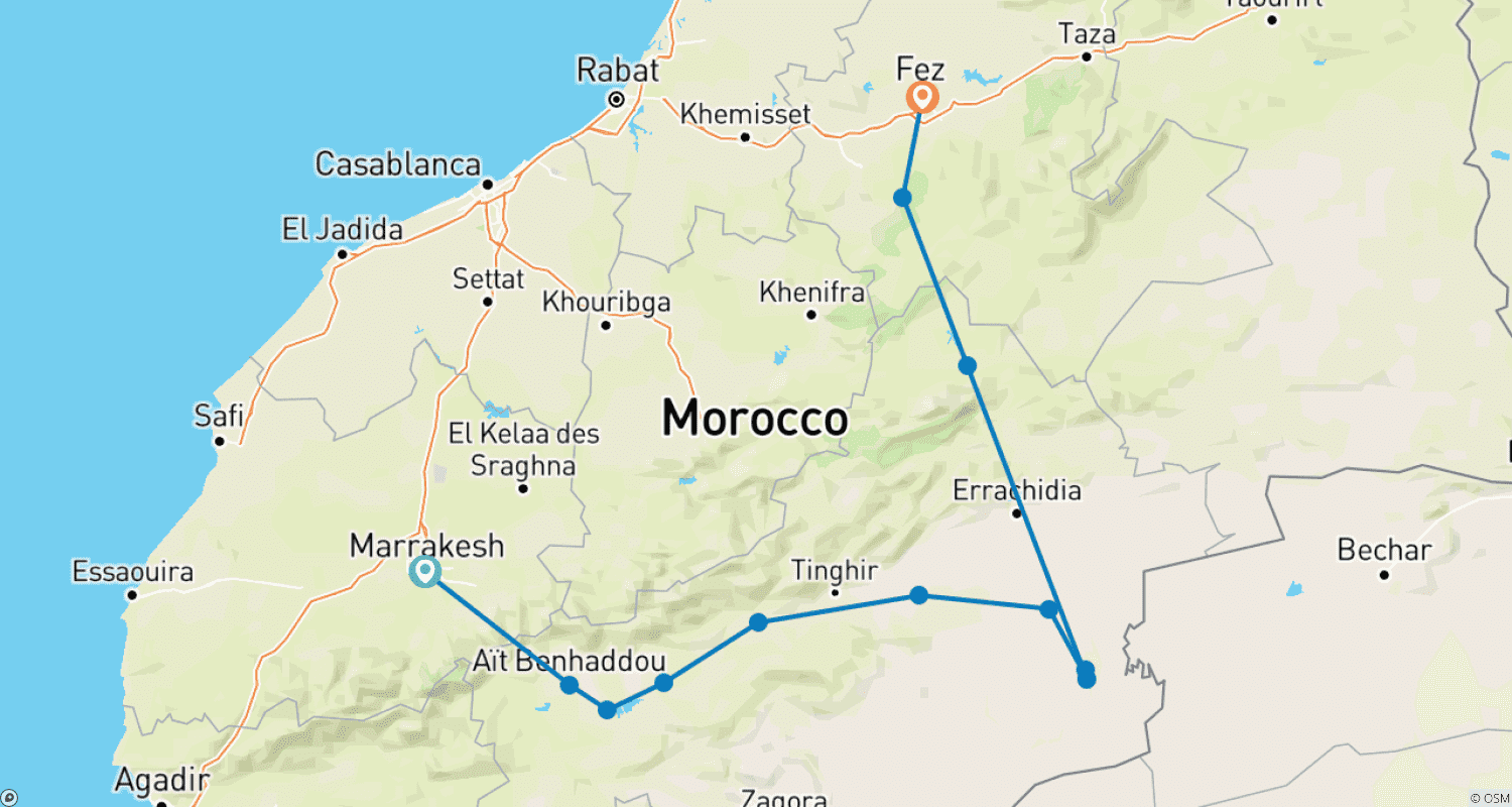 Mapa do percurso de Viagem de 3 Dias / 2 Noites no Deserto com Término em Fez