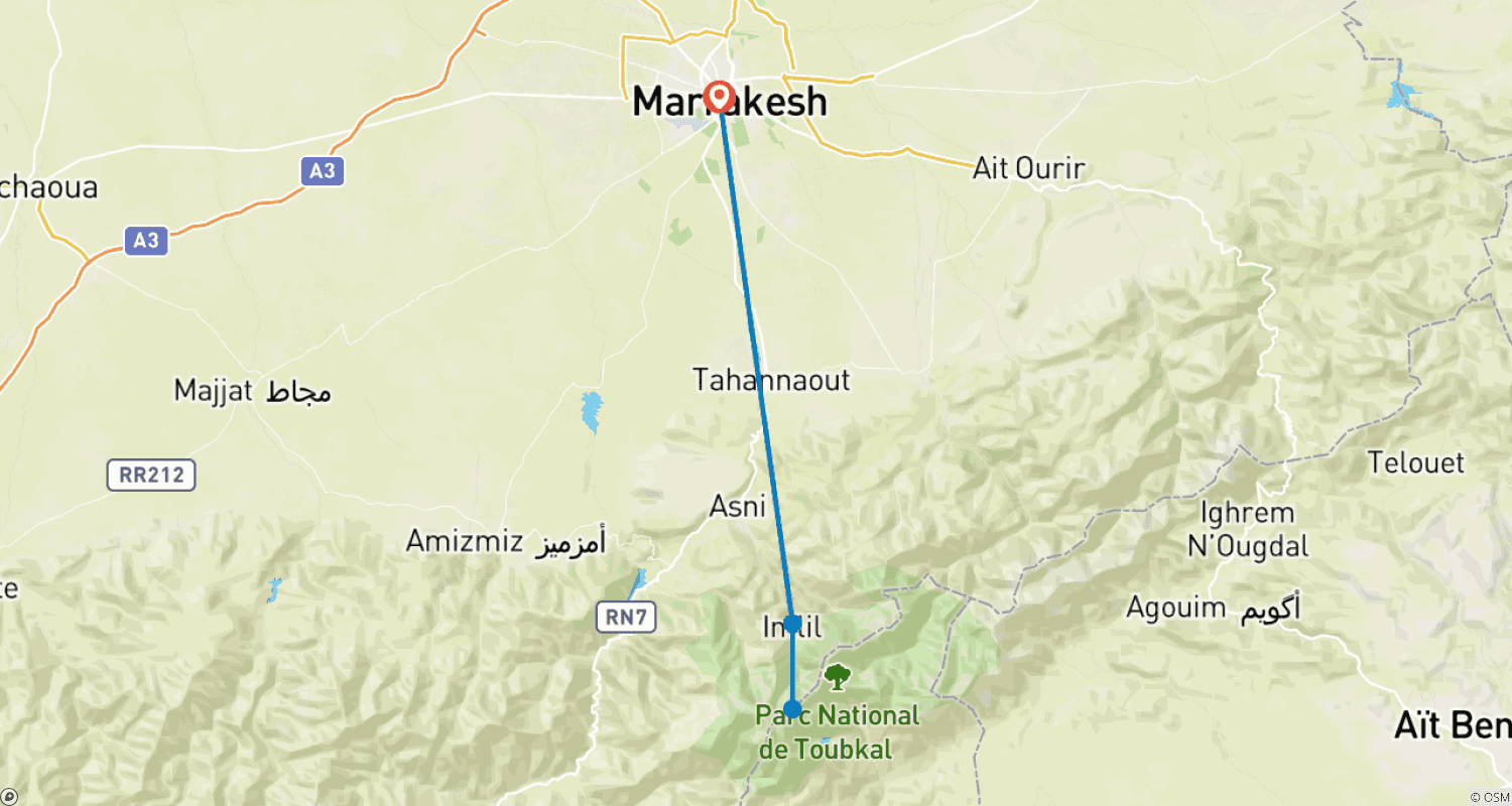 Mapa do percurso de Caminhada de Inverno ao Toubkal (4 dias)