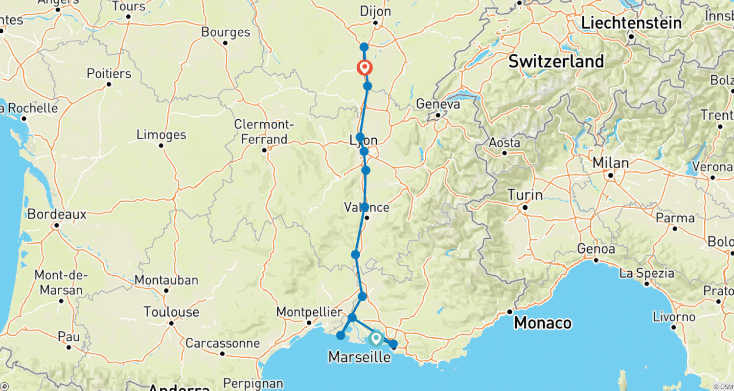 Mapa do percurso de A porta de entrada para a Provença, a Camargue, o Ródano e o Saône (cruzeiro de porto a porto)