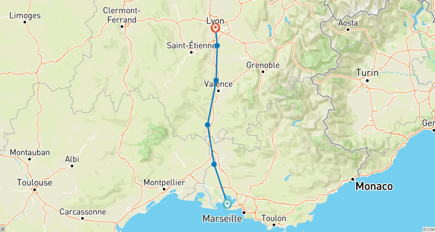 Mapa trasy: Camargue i Dziki Rodan (rejs z portu do portu)