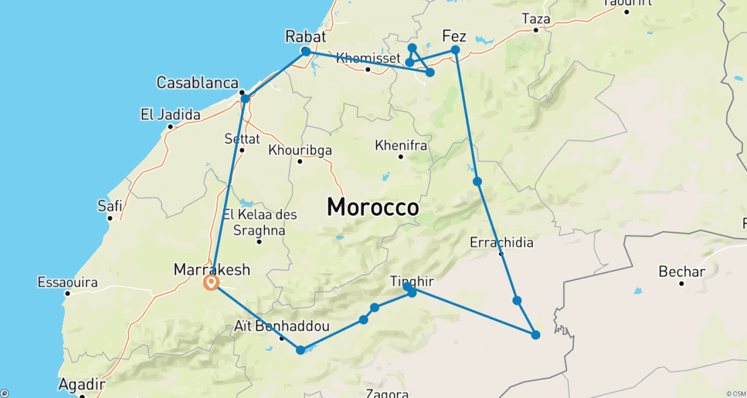 Mapa do percurso de Excursão pelas Cidades Imperiais de Marrocos