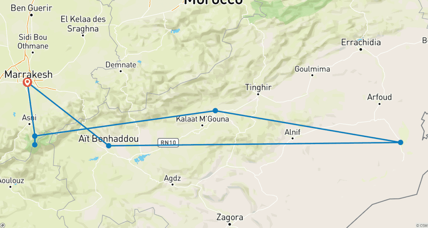 Mapa do percurso de Viagem Altas e Tour no Deserto Combinados Marrocos - 8 dias