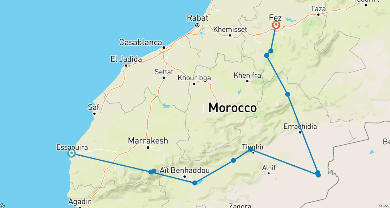 Mapa do percurso de Excursão Combinada por Marrocos - 10 Dias
