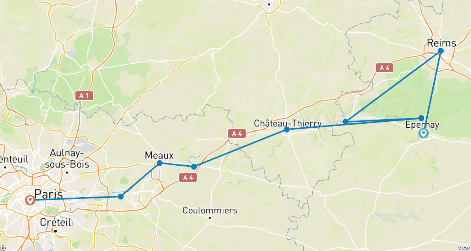 シャンパーニュ地方からパリへ、フランスの最高の魅力を巡るクルーズ(港から港へのクルーズ)のルートマップ