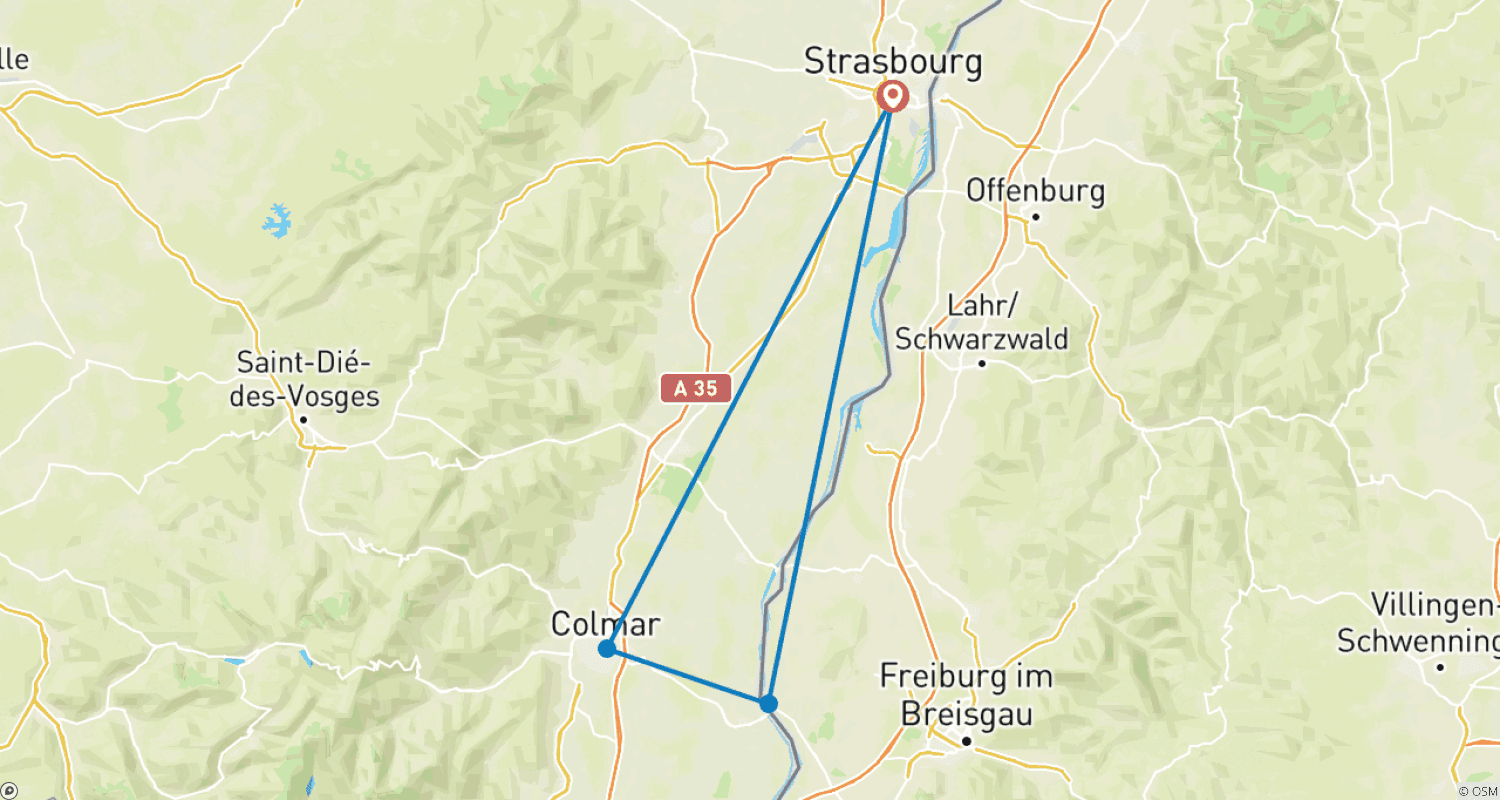 Mapa do percurso de Natal na Renânia no Reno Romântico (cruzeiro de porto a porto)