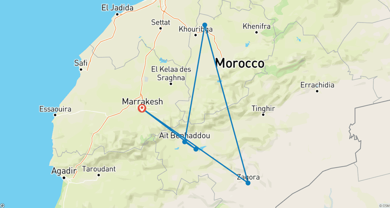 Mapa do percurso de Aventura na Cidade e Deserto de Marraquexe 5D/4N