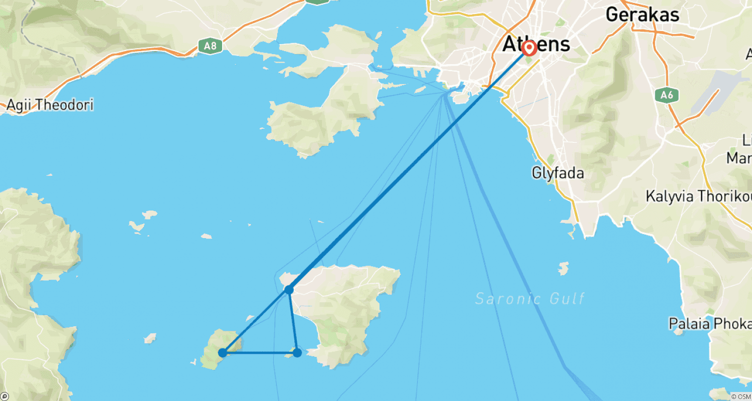 Mapa do percurso de Aventura de Vela de 3 Dias pelas Ilhas Sarónicas!