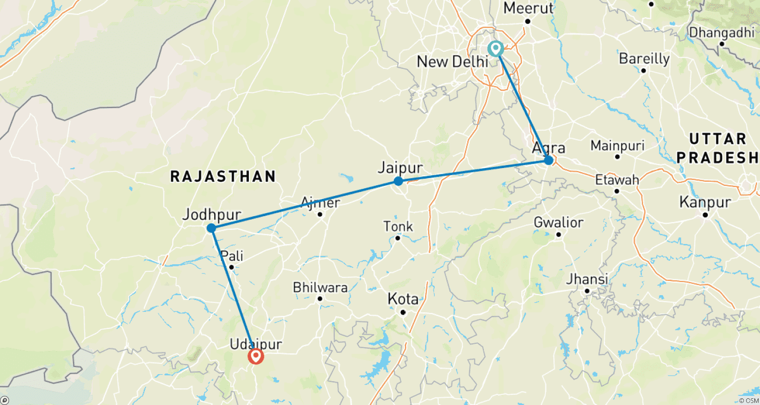 Mapa do percurso de Viagem de Luxo ao Triângulo Dourado com Jodhpur e Udaipur