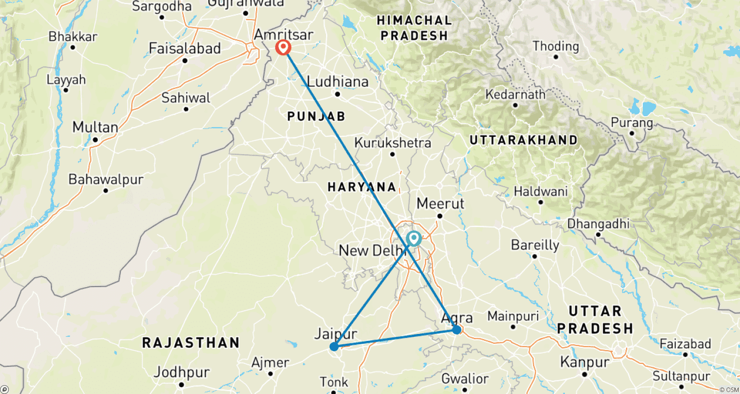 Mapa do percurso de Golden Triangle Tour with Amritsar
