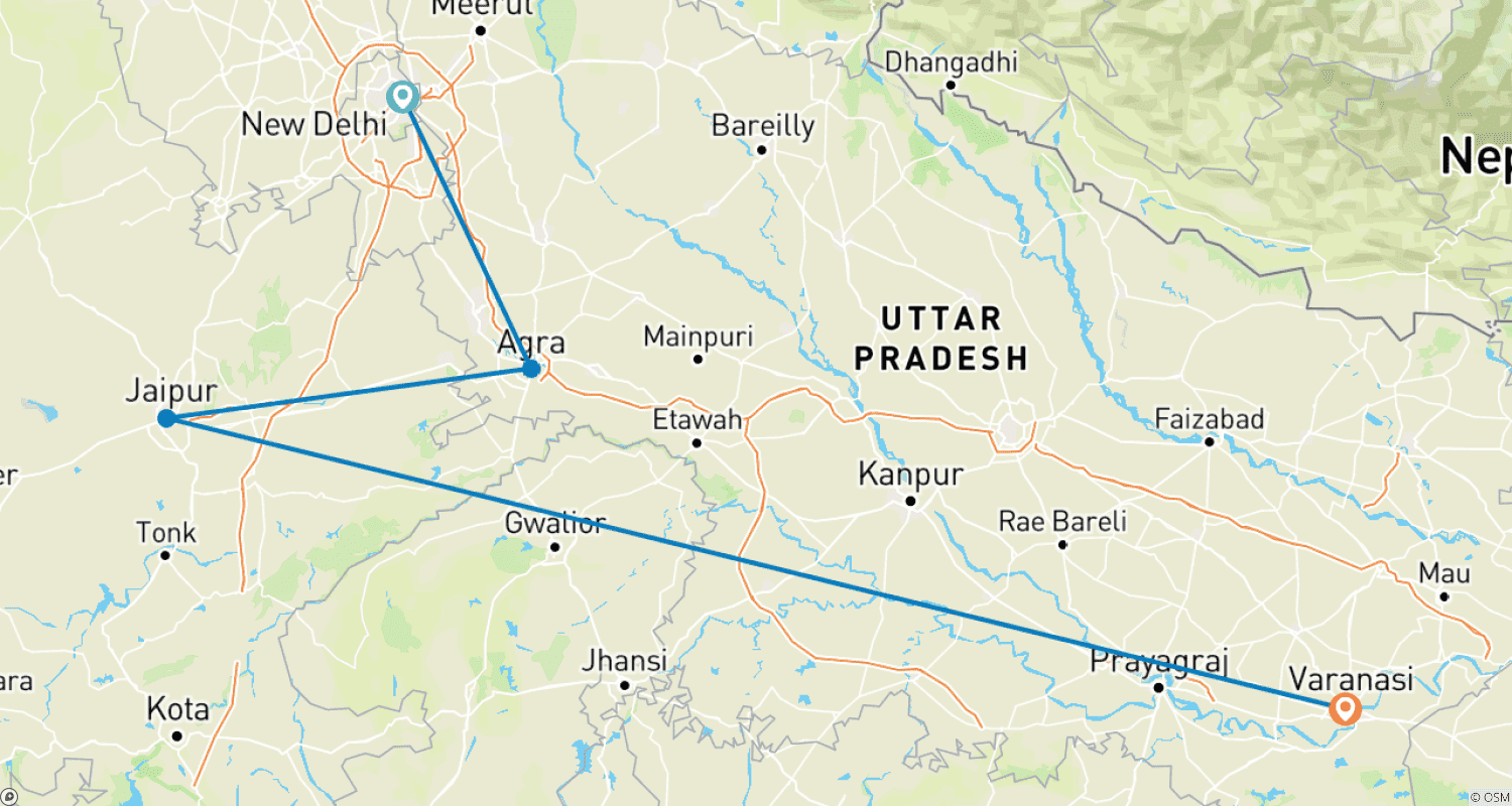 Mapa trasy: Luksusowa wycieczka Złotego Trójkąta z Varanasi