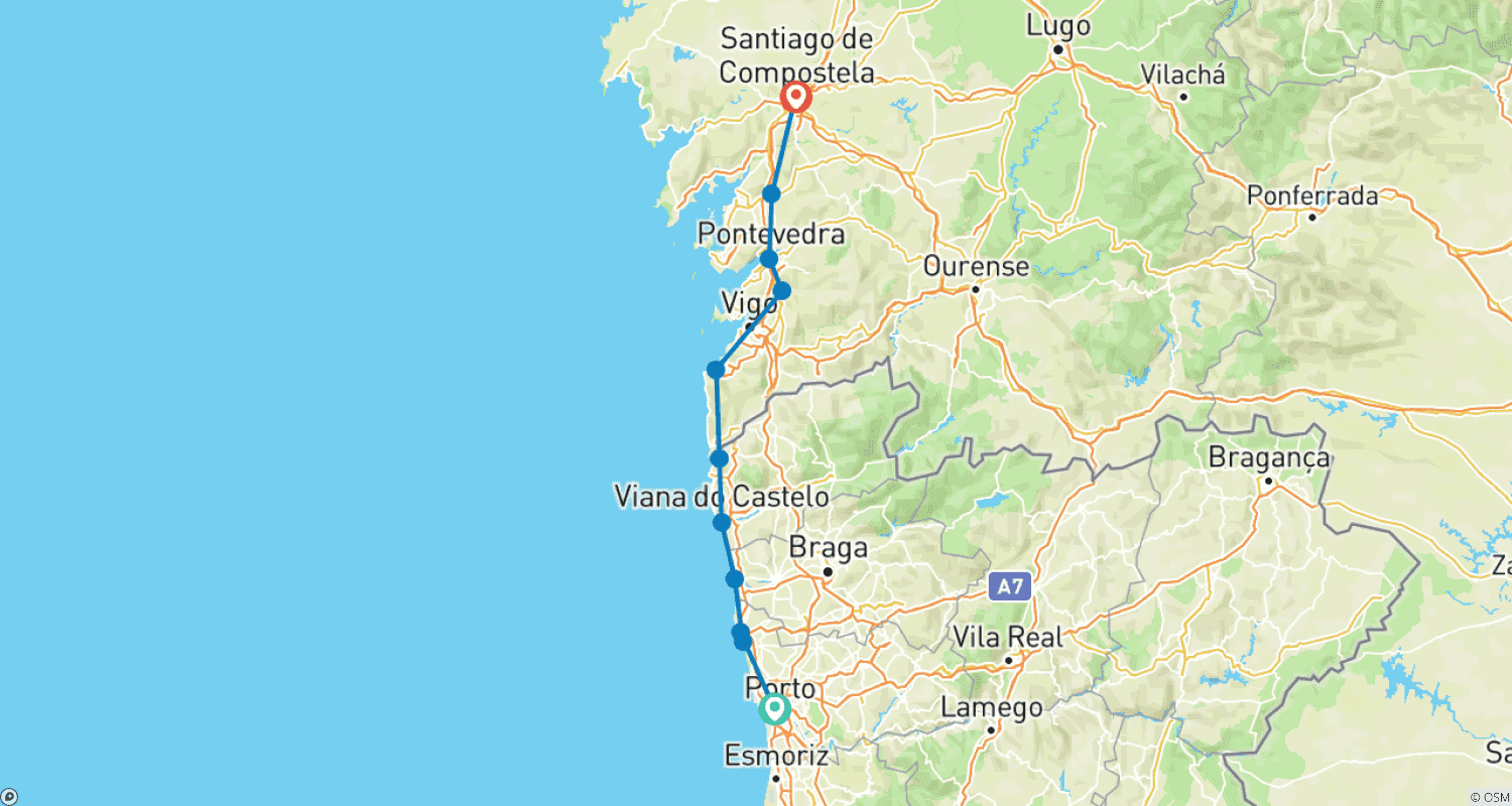 Mapa do percurso de Cicloturismo do Porto a Santiago de Compostela: O Caminho Costeiro de Santiago - "Fácil" - Guiado