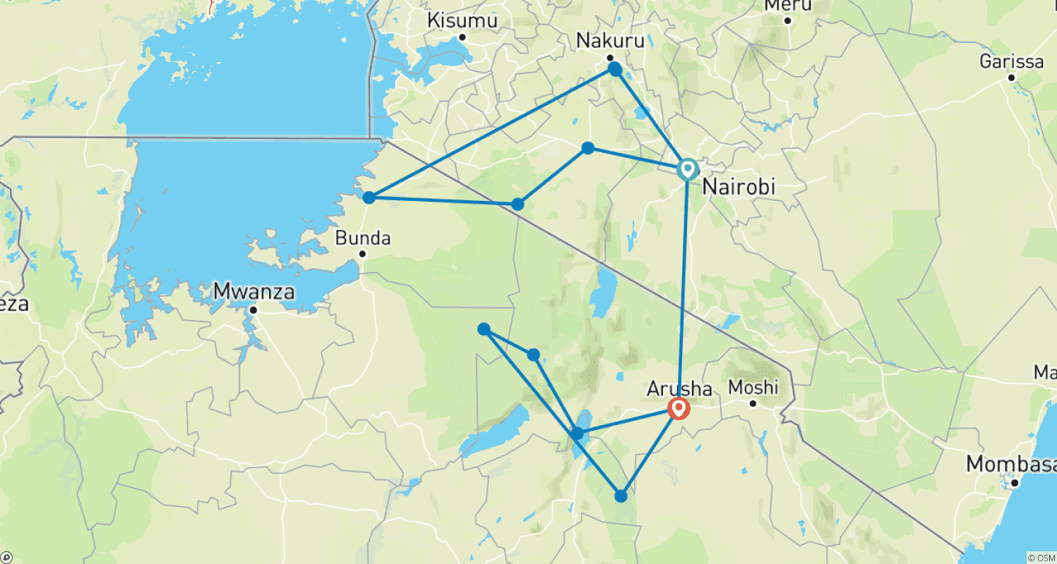 Route map for Kenya & Tanzania 4WD Safari Adventure