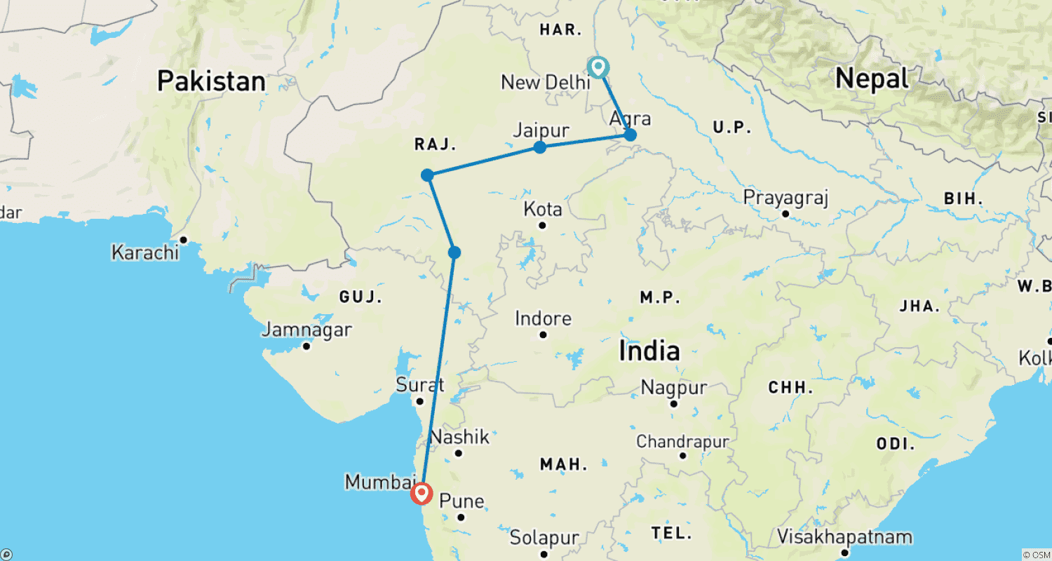 Mapa trasy: Wycieczka Luxury Golden Triangle z Jodhpur, Udaipur i Mumbai