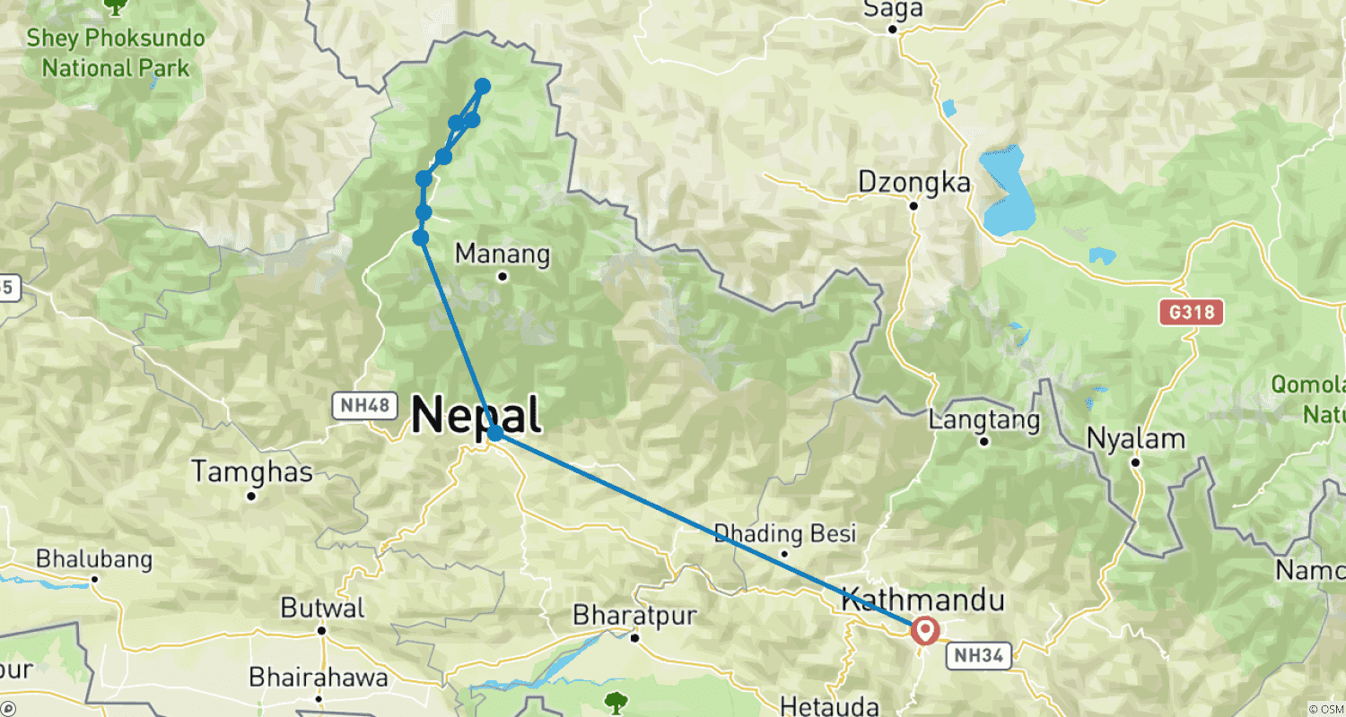 Mapa do percurso de 12 dias de Caminhada por Mustang e Lo-Manthang no Nepal