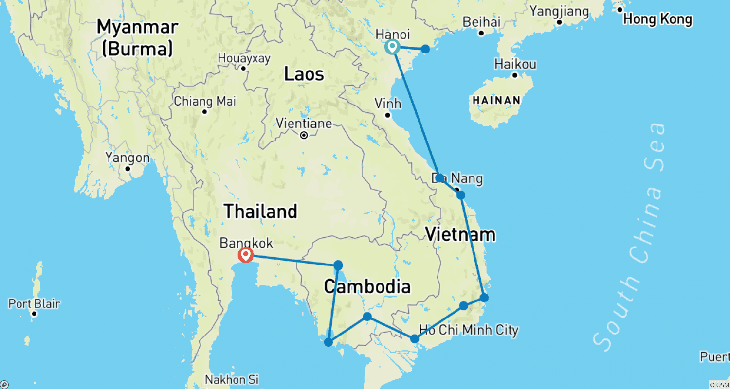 Mapa do percurso de Passe de Viagem de Hanói a Bangkok (via Camboja)