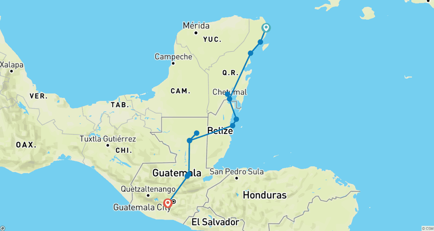 Mapa trasy: Karnet podróżny Express z Cancun do Antigui