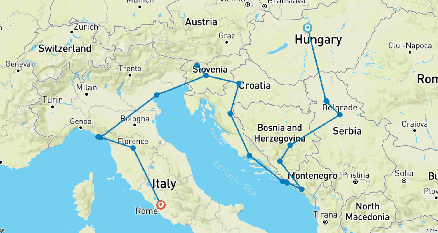 Mapa trasy: Budapeszt do Rzymu