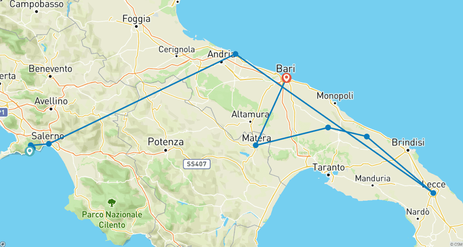 Mapa do percurso de Sul da Itália: Costa Amalfitana e Puglia