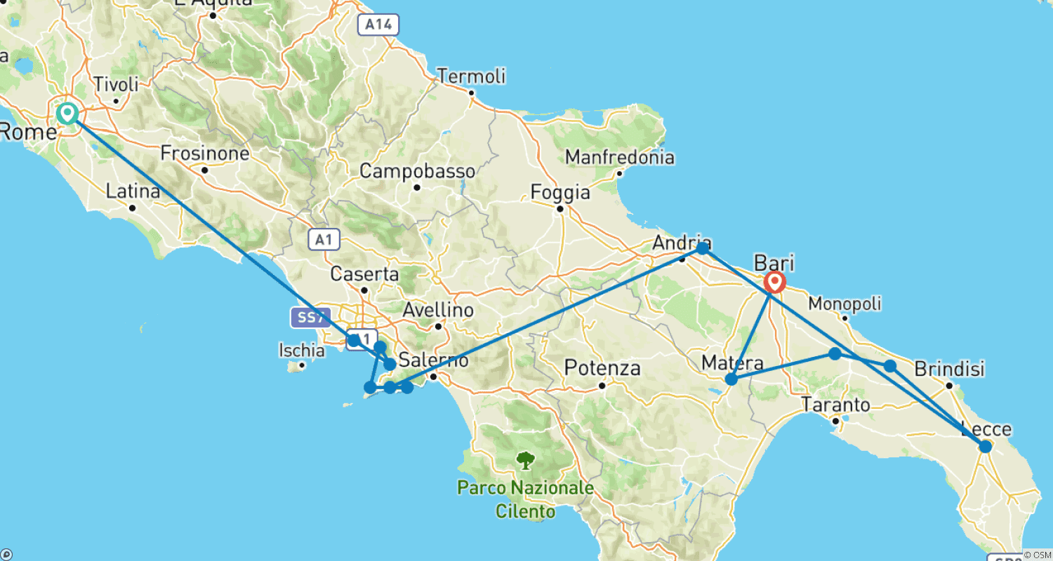 خريطة مسار من روما إلى جنوب إيطاليا: Amalfi و Puglia