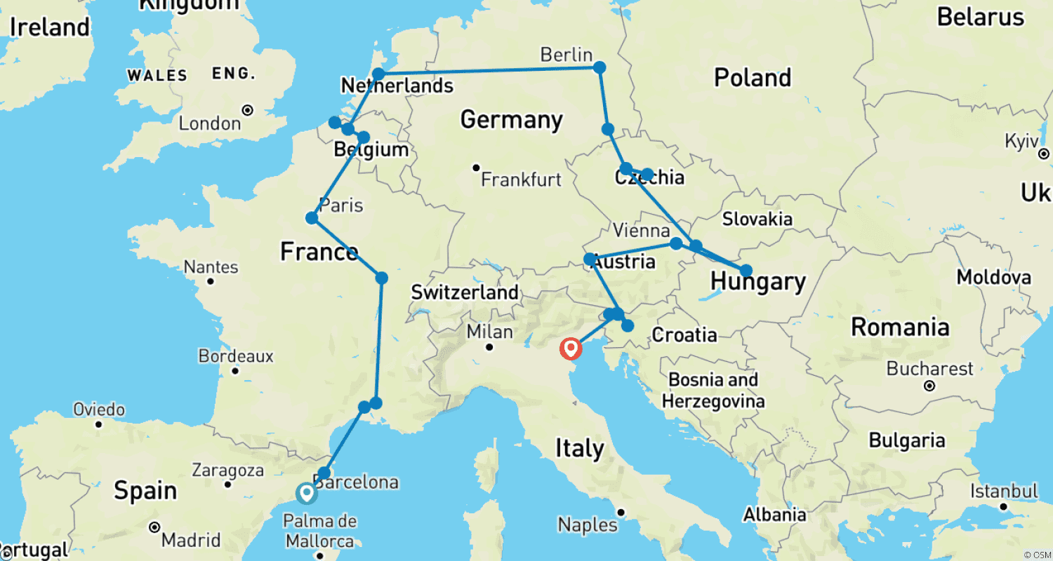 Mapa do percurso de Barcelona a Veneza