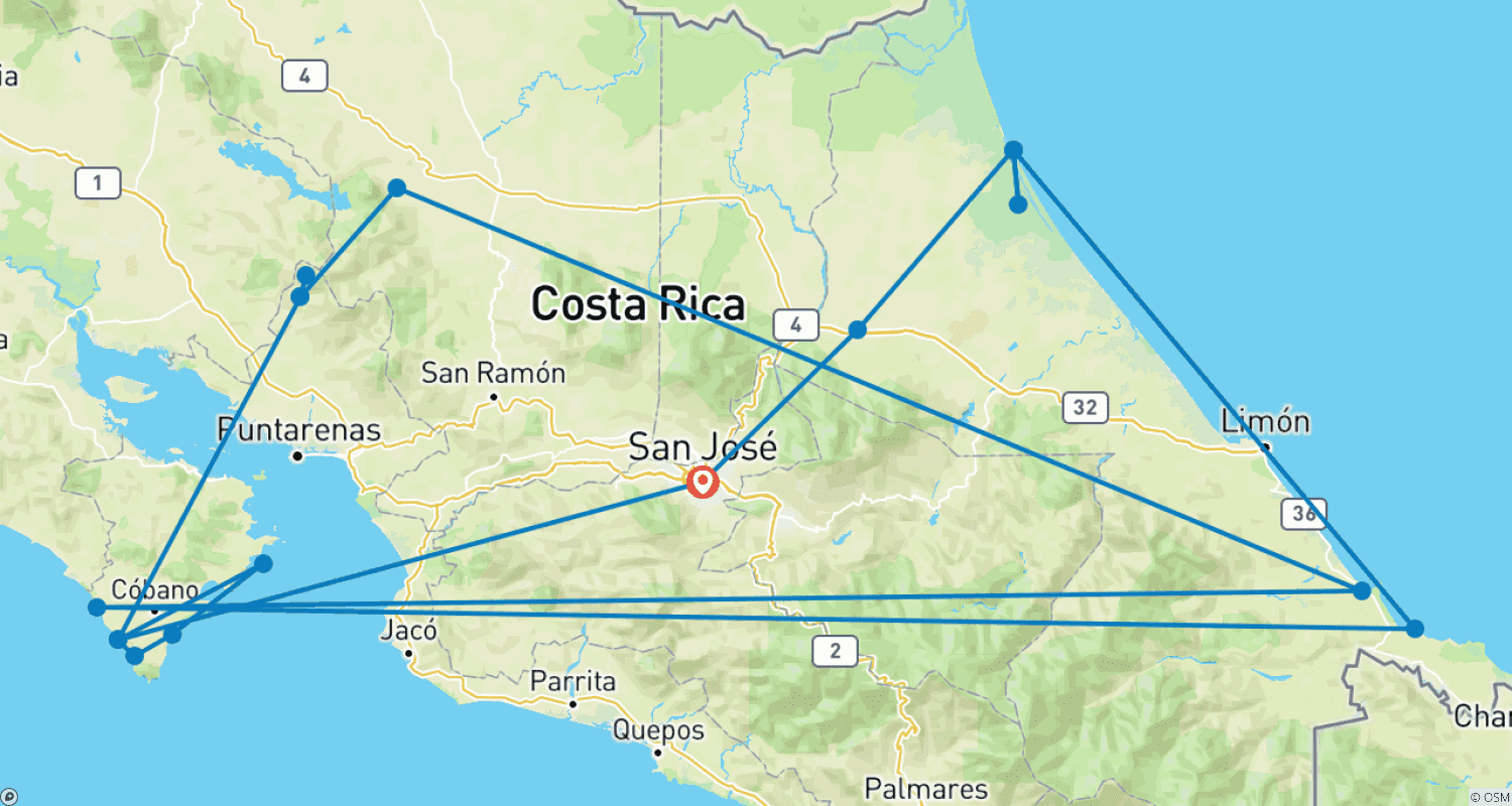 Mapa do percurso de Explorador Completo da Costa Rica 14D/13N