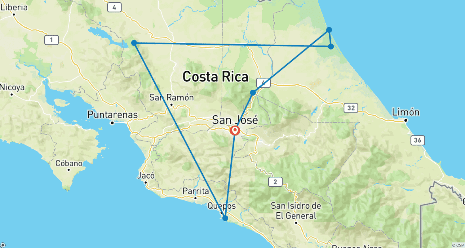 Mapa do percurso de Macacos, Selvas e Vulcões