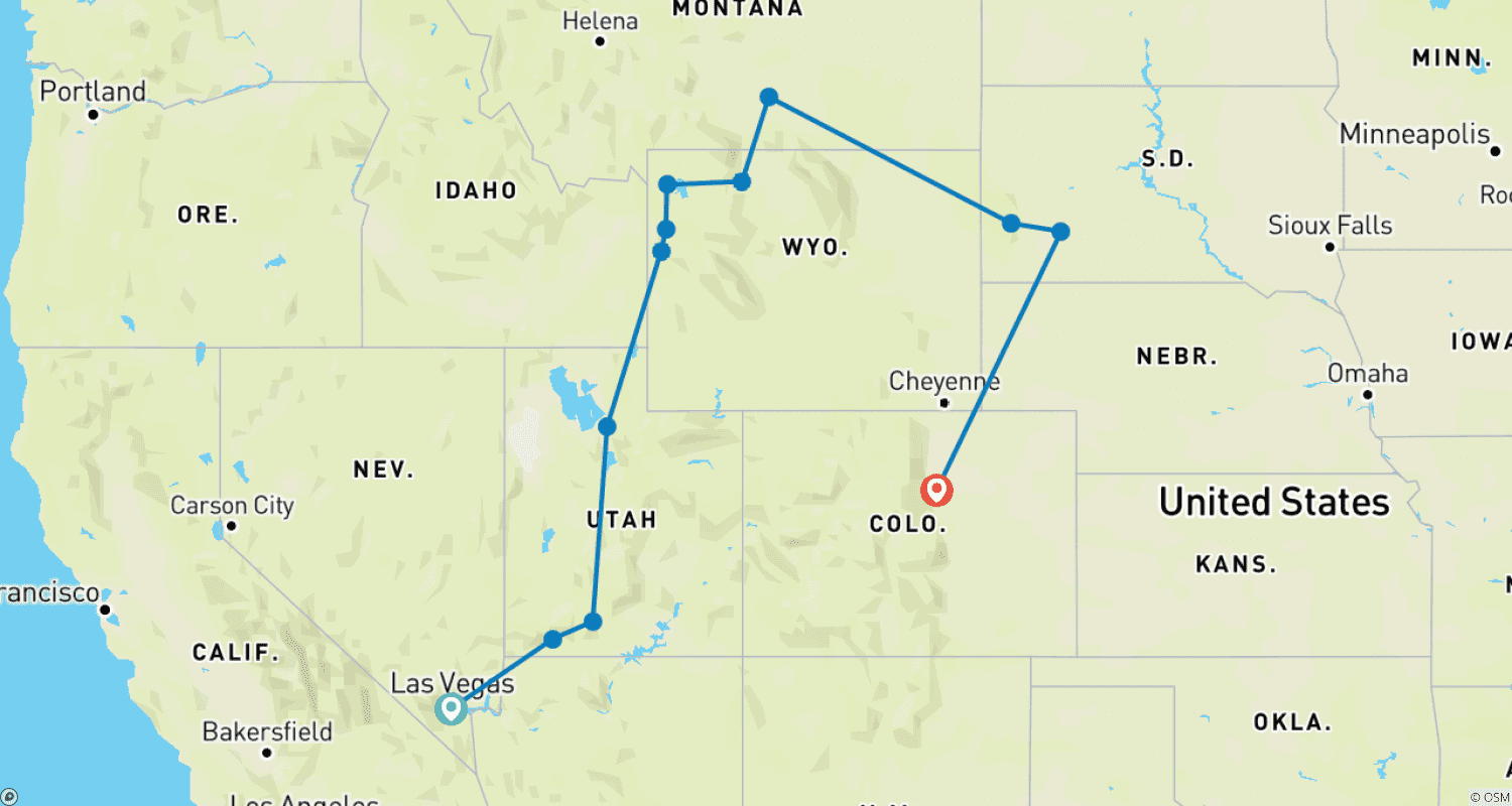 Mapa do percurso de Fronteiras Ocidentais (Fim em Denver)