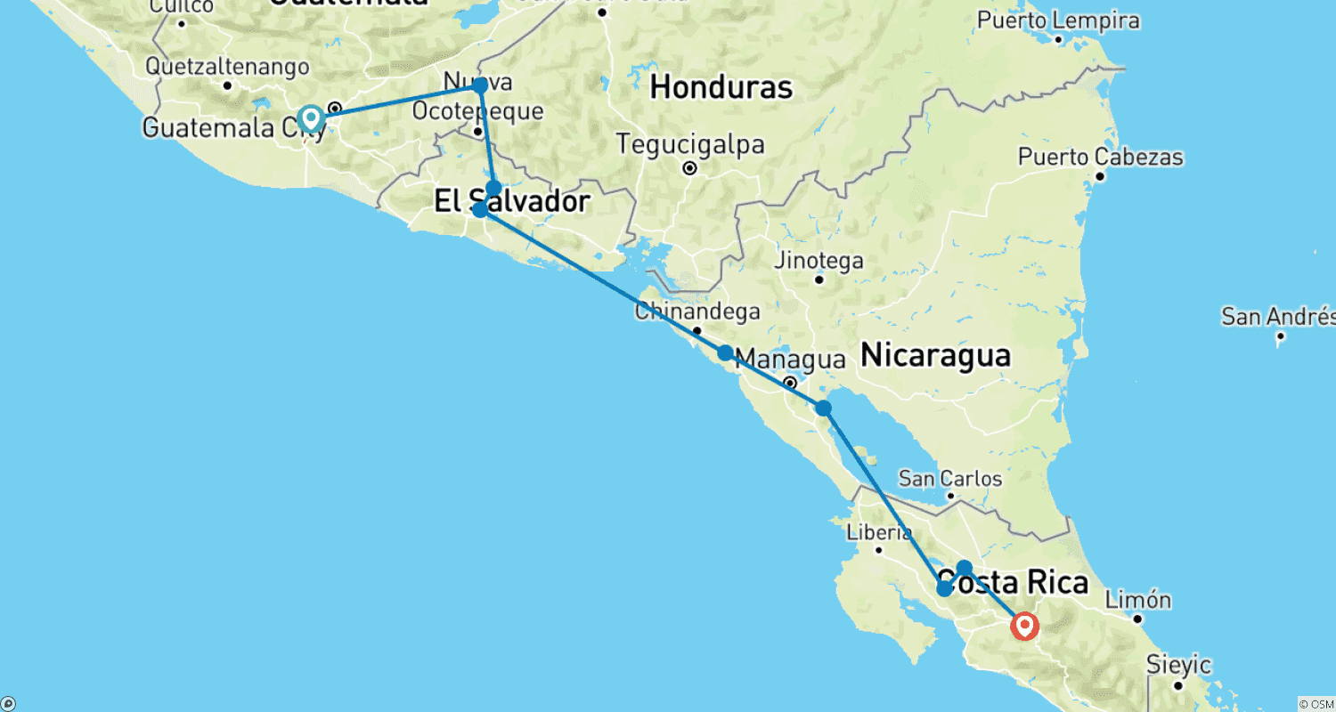 Mapa do percurso de Jornada pela América Central
