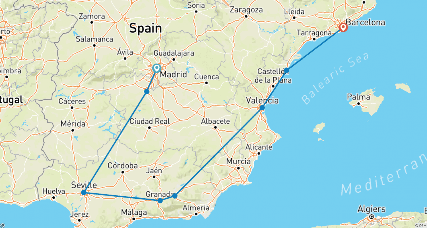 Mapa do percurso de Experiência Espanhola (Fim em Barcelona)