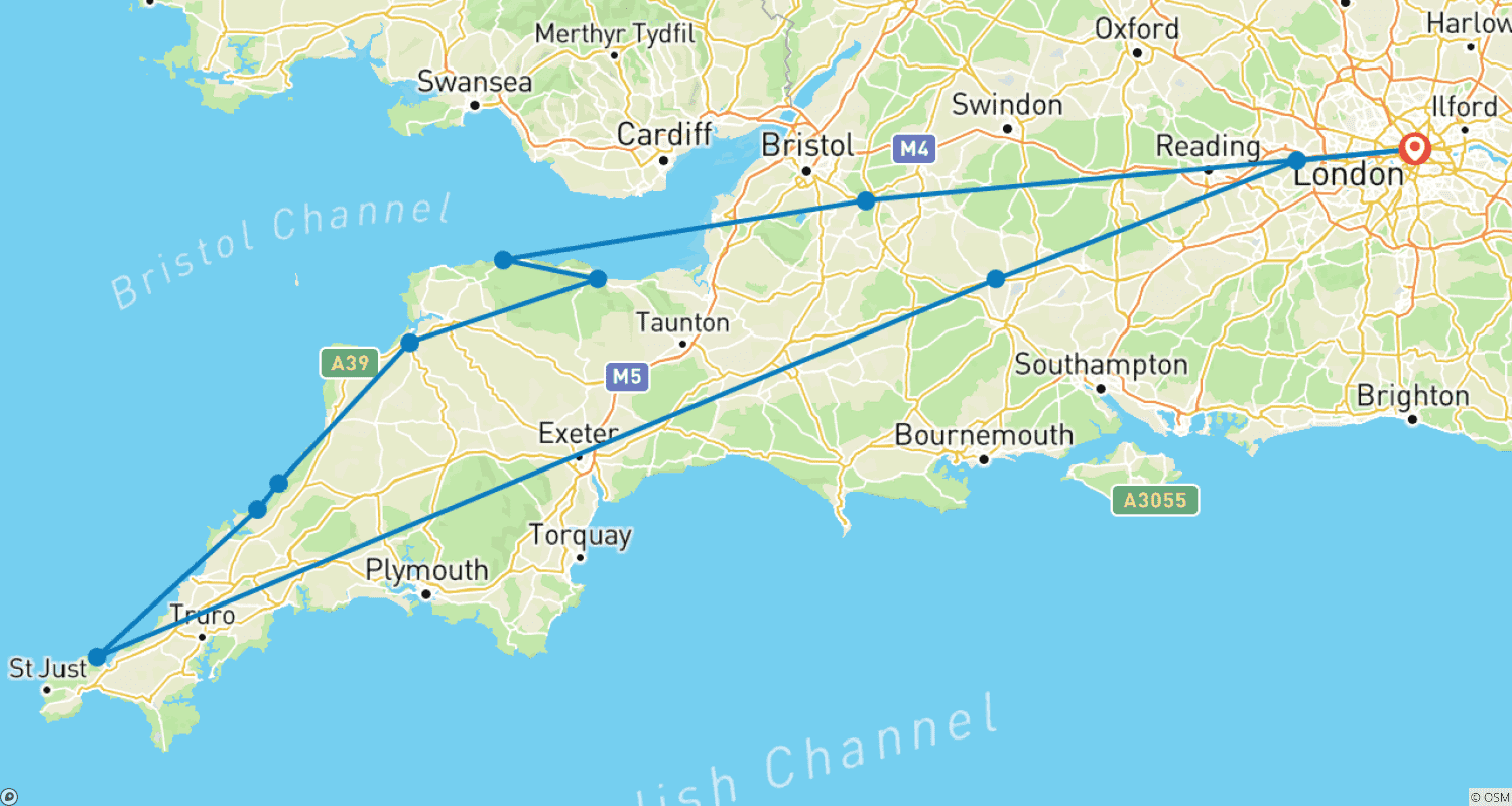 Mapa do percurso de O Melhor de Devon e Cornwall (Pernoites em Londres)