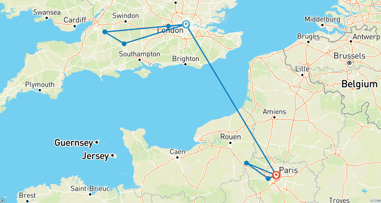 Mapa do percurso de Explorador de Londres e Paris