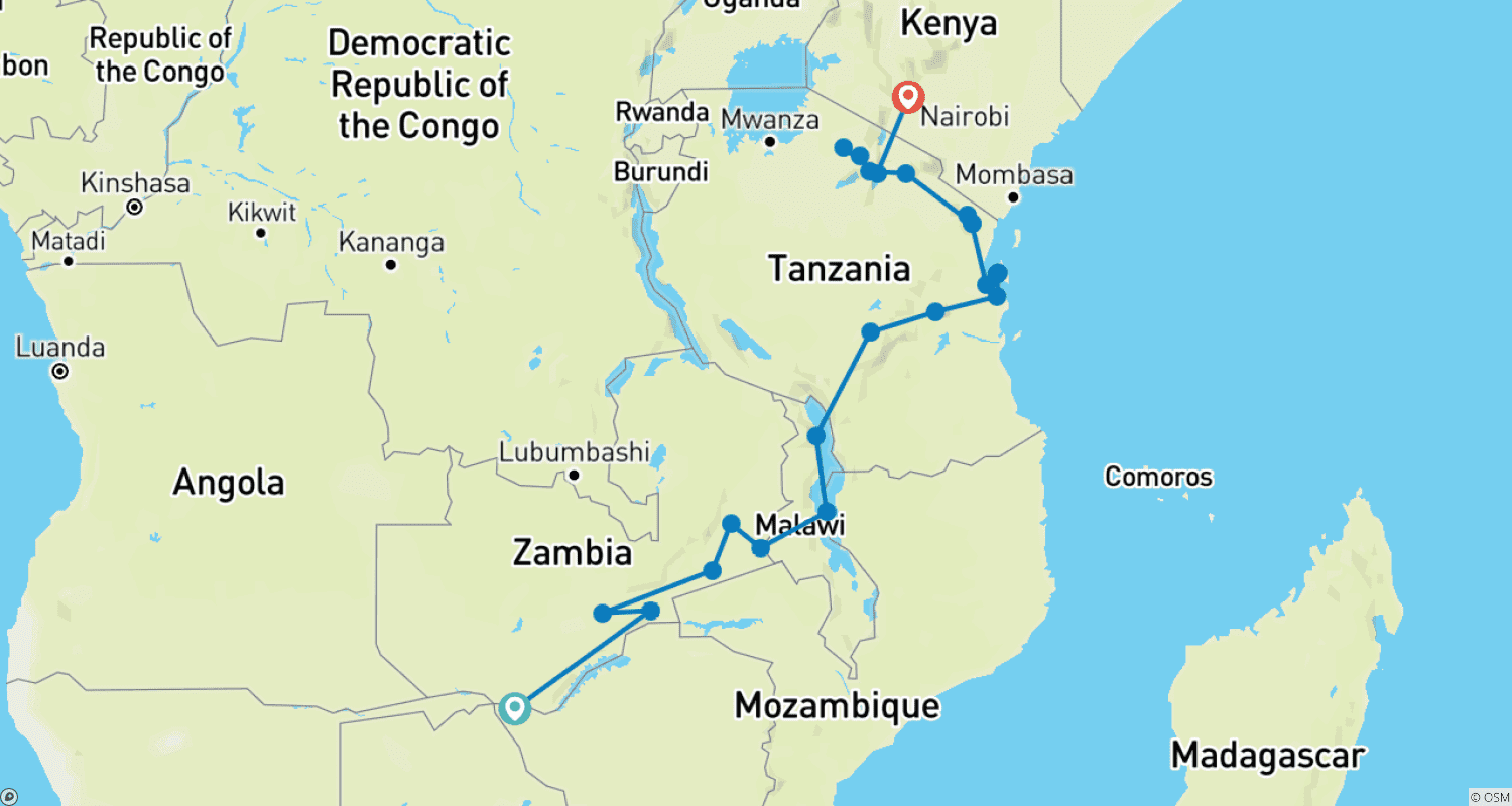 خريطة مسار شلالات فيكتوريا إلى كينيا