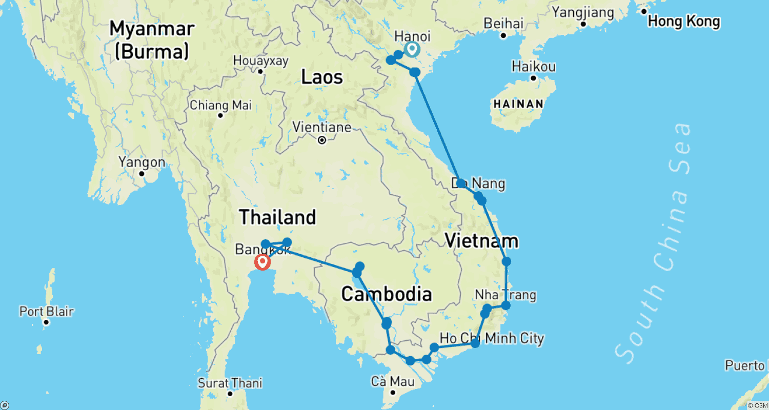 Mapa do percurso de Pedale pelo Sudeste Asiático