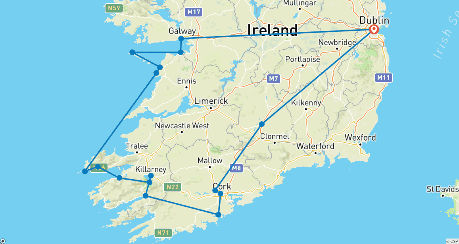 Mapa do percurso de Excursão Espetacular de 5 Dias em Grupo Pequeno pelo Sul e Oeste da Irlanda