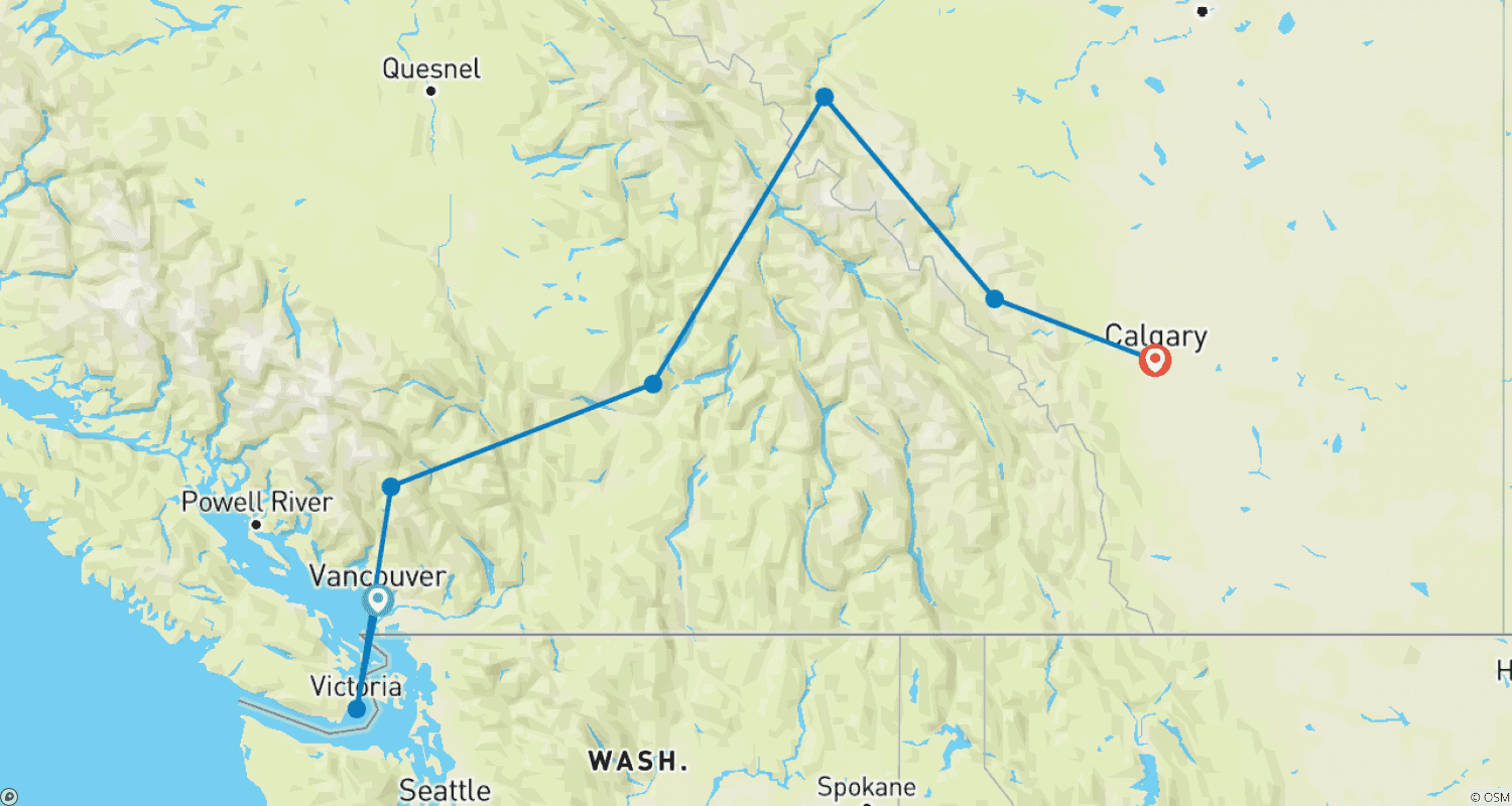 Mapa do percurso de Rochosas Majestosas com o Calgary Stampede
