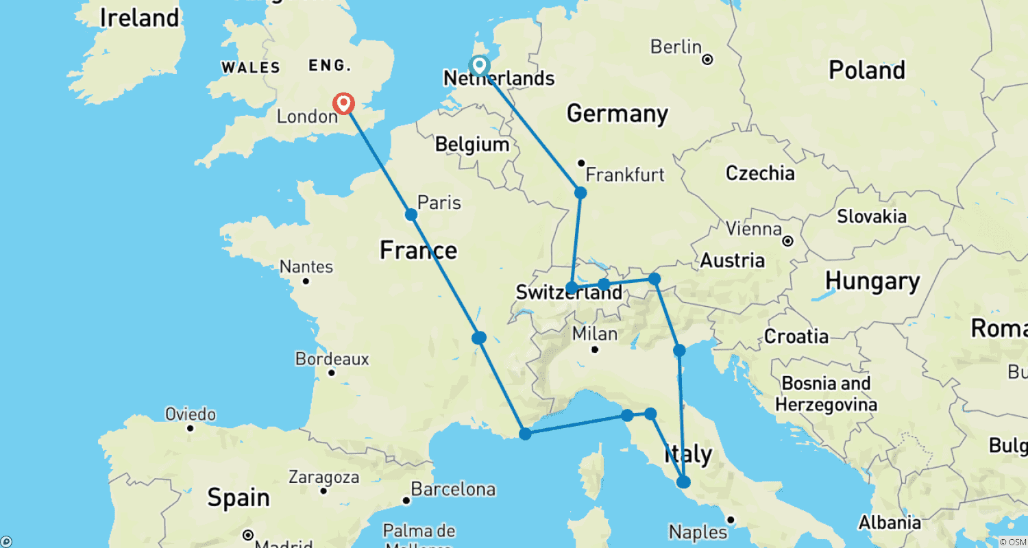 Mapa do percurso de Tapeçaria Europeia com Londres