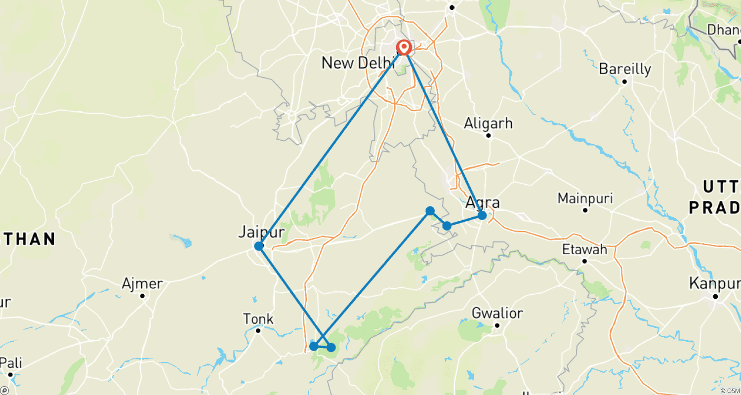 Mapa do percurso de Ícones da Índia: O Taj, Tigres e Além