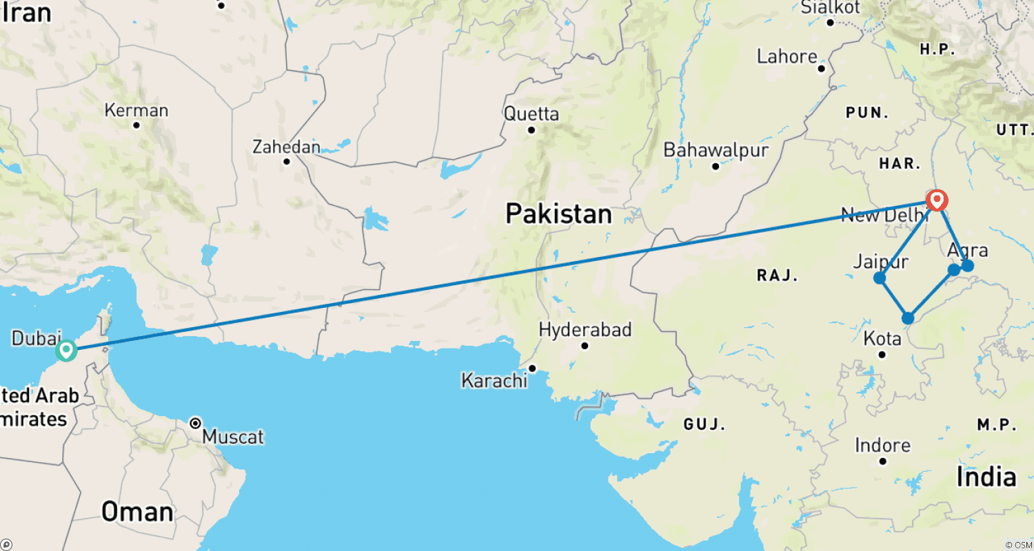 Mapa do percurso de Ícones da Índia: O Taj, Tigres e Além com Dubai